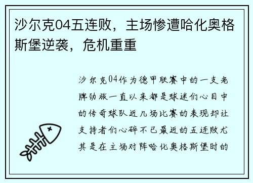 沙尔克04五连败，主场惨遭哈化奥格斯堡逆袭，危机重重