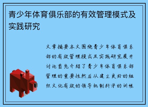 青少年体育俱乐部的有效管理模式及实践研究